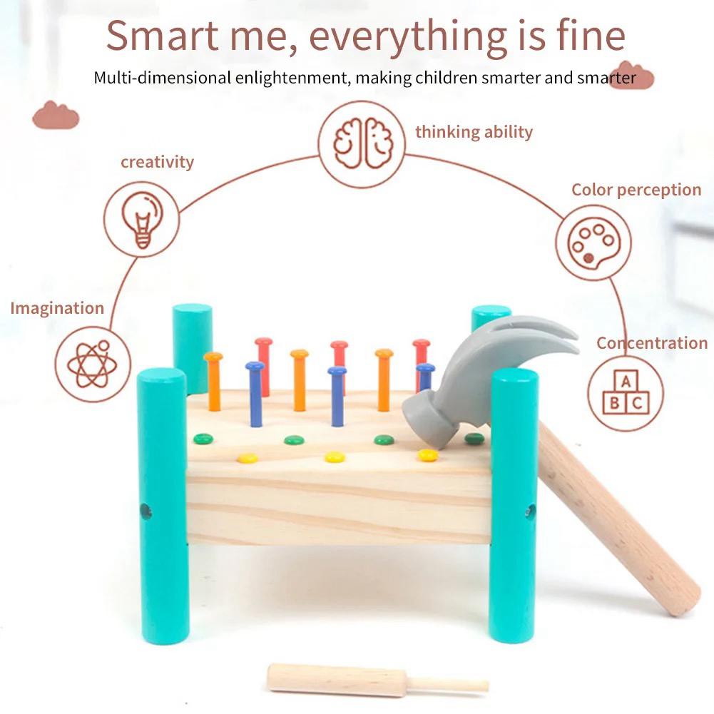 Wooden hammering toy with knock nail table designed for toddlers and preschoolers to build fine motor skills