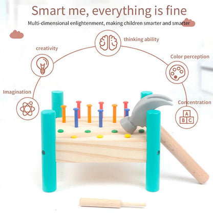 Wooden hammering toy with knock nail table designed for toddlers and preschoolers to build fine motor skills