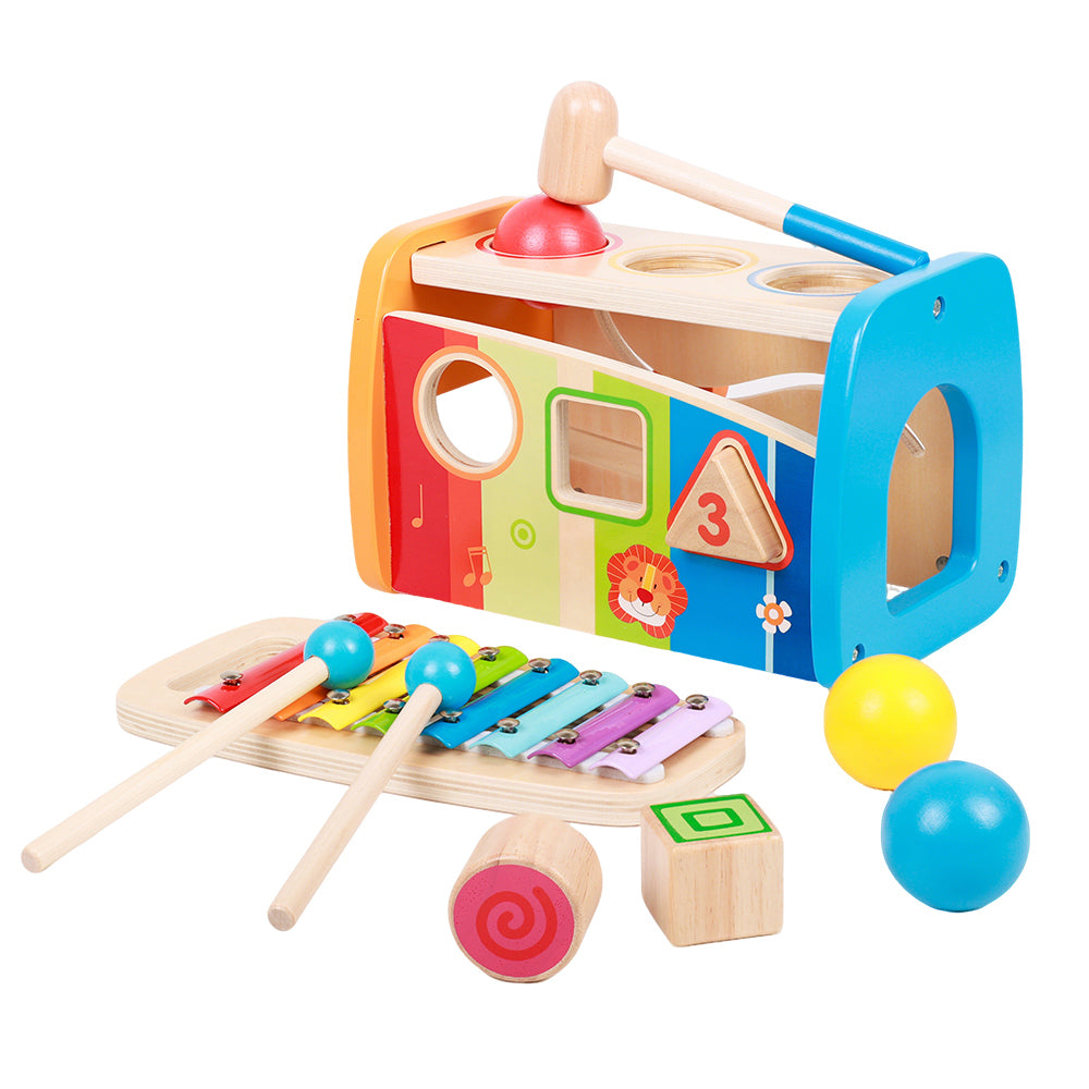 Wooden Montessori activity bench with xylophone and ball pounding toy