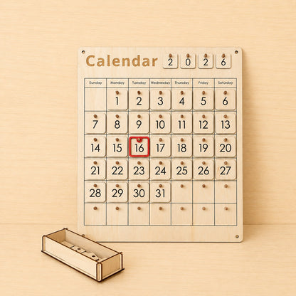 Wooden Montessori calendar with movable date pieces and weekly calendar grid