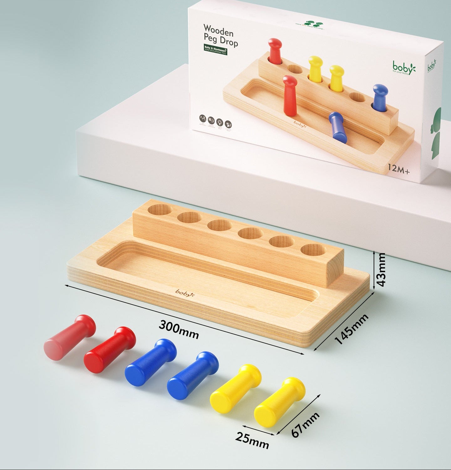 Wooden Montessori peg box with colorful easy-grip pegs for toddlers, helping develop fine motor skills, grasping ability, hand-eye coordination, color recognition, and independent learning.