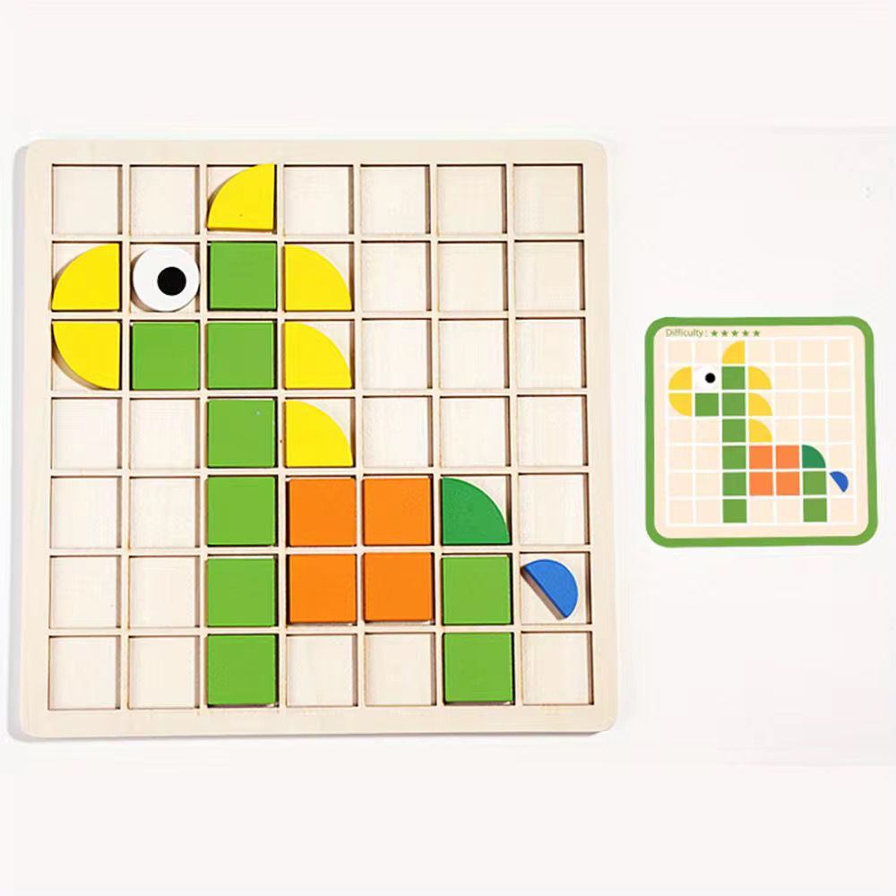 Wooden mosaic puzzle board with colorful shape blocks