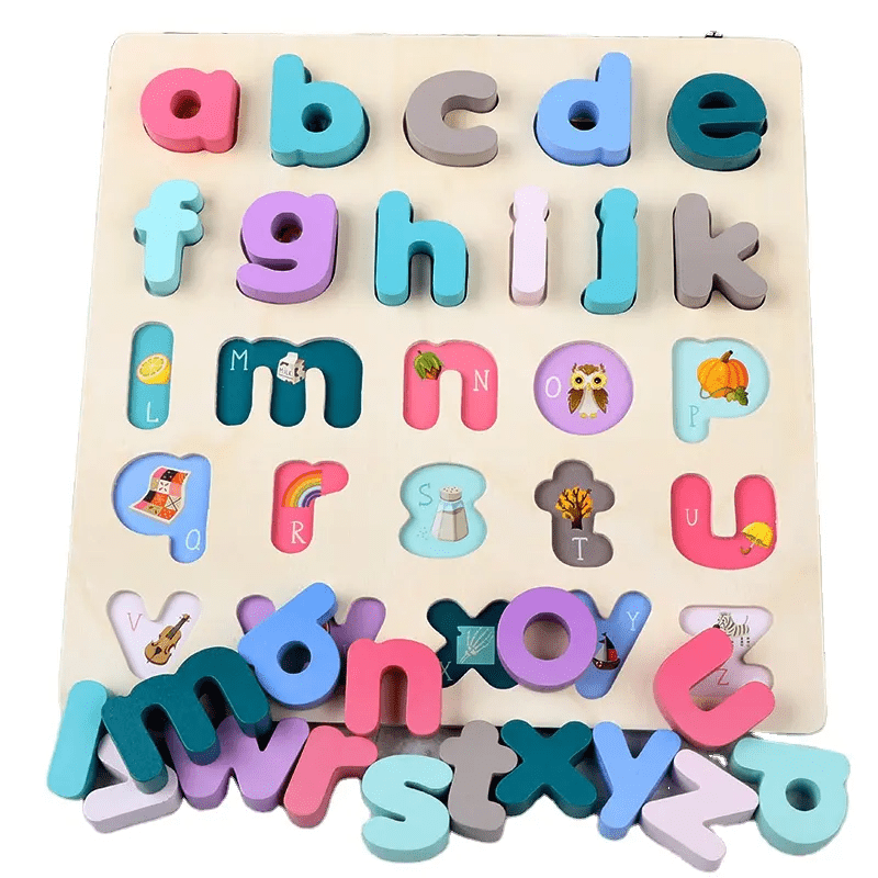 Wooden Alphabet Puzzle Board - Lowercase Letters with Phonics Picture Clues