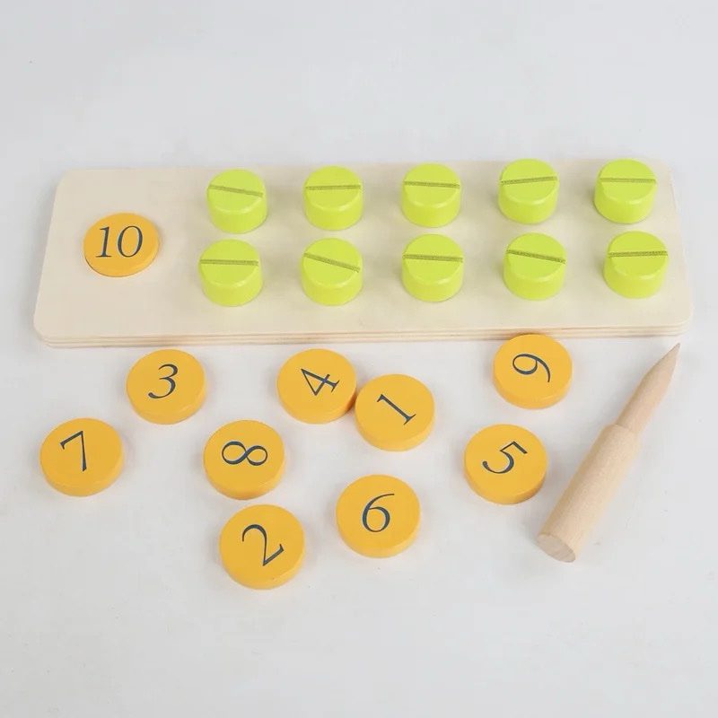 Wooden nut counter activity showing matching numbers with bolts to develop coordination and numeracy