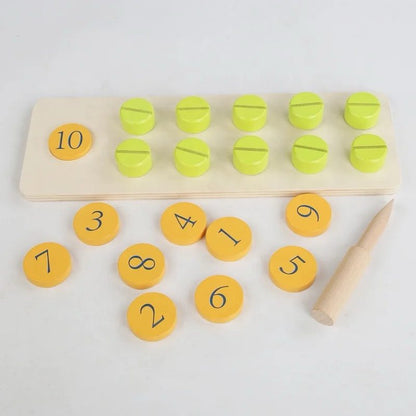 Wooden nut counter activity showing matching numbers with bolts to develop coordination and numeracy