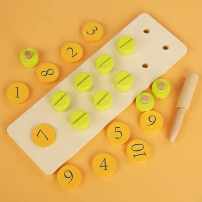 Wooden nut counter with numbered discs and bolts used for fine motor skills and counting practice