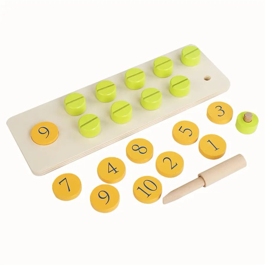 Numbered wooden discs and nut bolts arranged for hands-on counting and number recognition