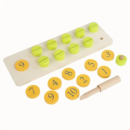 Numbered wooden discs and nut bolts arranged for hands-on counting and number recognition
