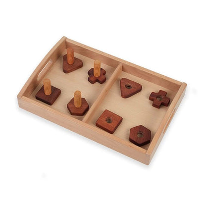 Montessori wooden nuts and screws activity for toddlers developing fine motor skills