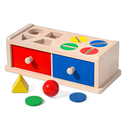 Montessori object permanence box with color and shape sorting holes and dual drawers for toddler hand eye coordination
