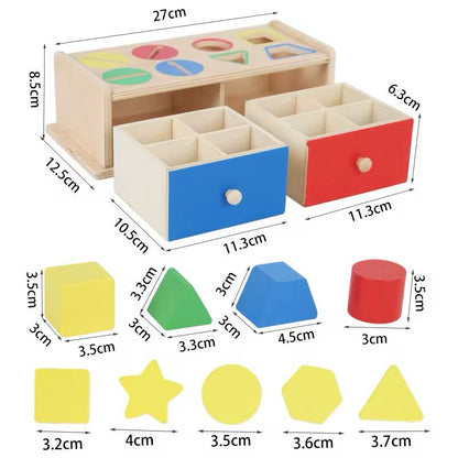Montessori wooden object permanence box showing full size dimensions with individual color and shape sorting pieces for toddler learning