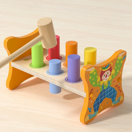 Wooden pounding toy with 6 colorful pegs and hammer, Montessori-style hammering bench for fine motor skills and hand-eye coordination in toddlers