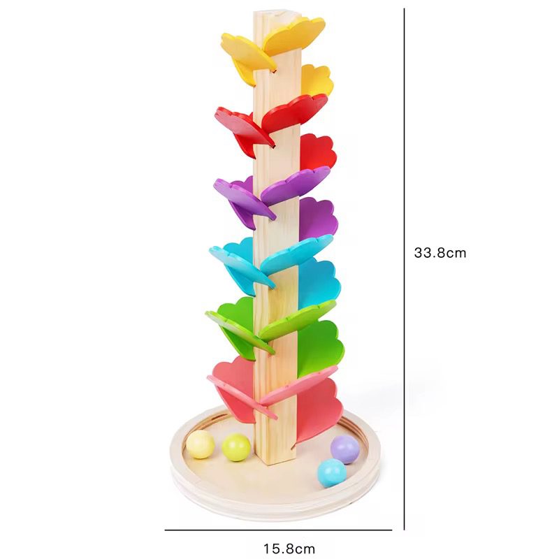 Wooden Rainbow Leaf Tower Ball Run - Sensory Sound Toy for Visual Tracking and Cause-and-Effect Play