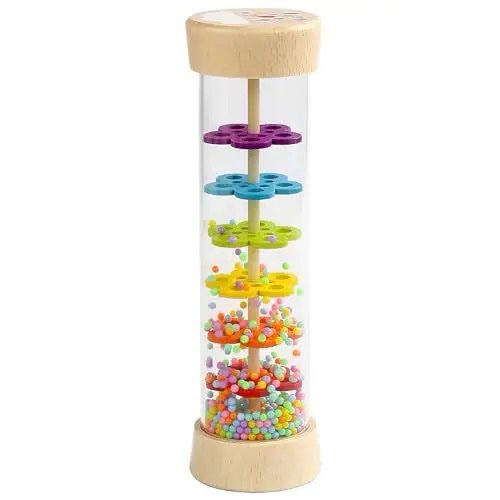 Wooden rainmaker rattle with colorful rotating discs and beads for infant sensory stimulation