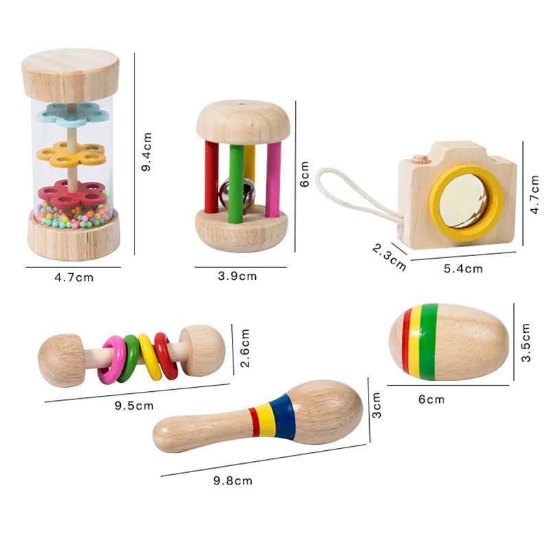 Wooden Baby Rattle Toy Set – 6-Piece Sensory Development Toys for Infants and Toddlers