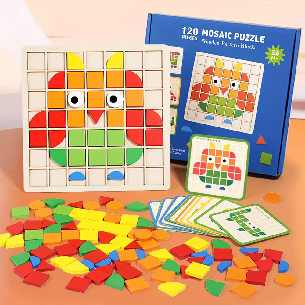Shape pattern blocks arranged on wooden puzzle board
