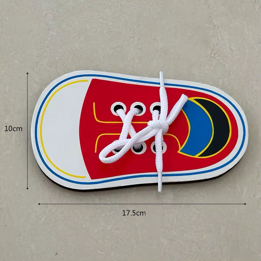 Wooden shoe lacing activity showing step-by-step lacing to build fine motor control and independence