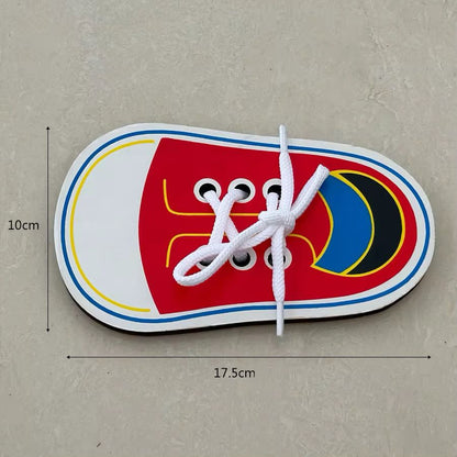 Wooden shoe lacing activity showing step-by-step lacing to build fine motor control and independence